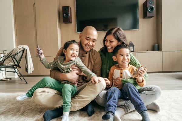 Happy family at home on winter holidays